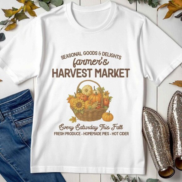 Fall Farmers Market Graphic Tee Autumn Pumpkin Harvest Season T-Shirt - Picture 2 of 4